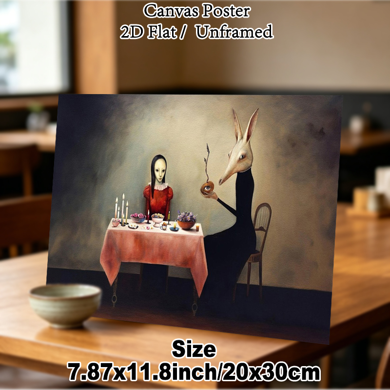Surreal Dinner Party Painting Poster, Eerie Surrealist Mysterious Dining Scene Poster, Unique Artistic Decor Ideal For Home Gallery, Living Room_maomaolike.com