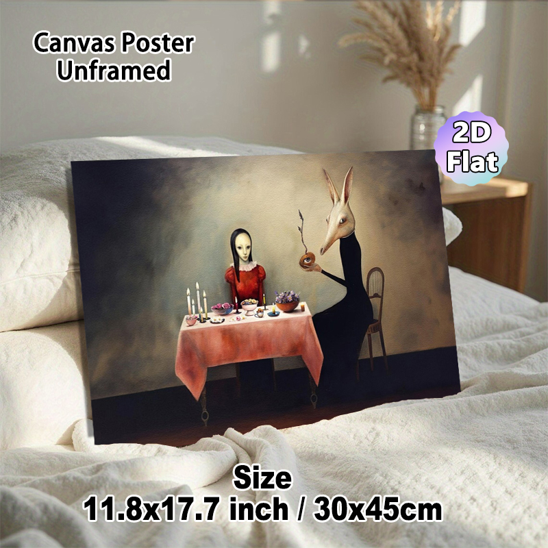 Surreal Dinner Party Painting Poster, Eerie Surrealist Mysterious Dining Scene Poster, Unique Artistic Decor Ideal For Home Gallery, Living Room_maomaolike.com