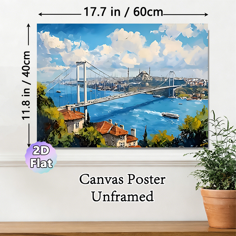 Bosphorus Bridge Cityscape Painting Poster, Vibrant Impressionist-style Scenic Bridge Over Blue Waters With Coastal Houses And Mosque Poster_maomaolike.com