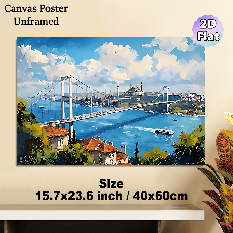 Bosphorus Bridge Cityscape Painting Poster, Vibrant Impressionist-style Scenic Bridge Over Blue Waters With Coastal Houses And Mosque Poster_maomaolike.com