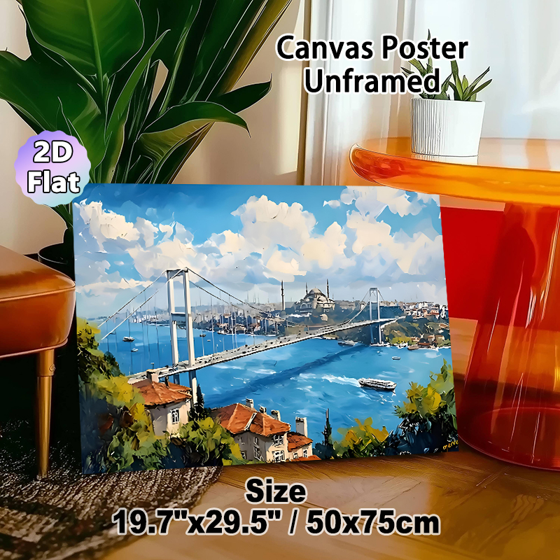 Bosphorus Bridge Cityscape Painting Poster, Vibrant Impressionist-style Scenic Bridge Over Blue Waters With Coastal Houses And Mosque Poster_maomaolike.com