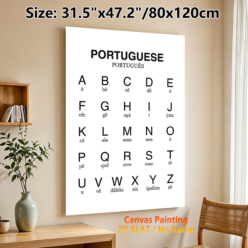 Portuguese Alphabet Painting Poster, Minimalist Black-and-white Letter Chart Poster, Clear Letter & Pronunciation Reference, Suitable For Language_maomaolike.com