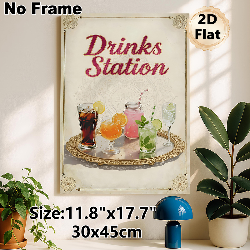 Drinks Station Painting Poster, Vintage-inspired Vibrant Assorted Drinks Poster, Charming Decorative Piece Ideal For Kitchen, Bar And Dining Area_maomaolike.com