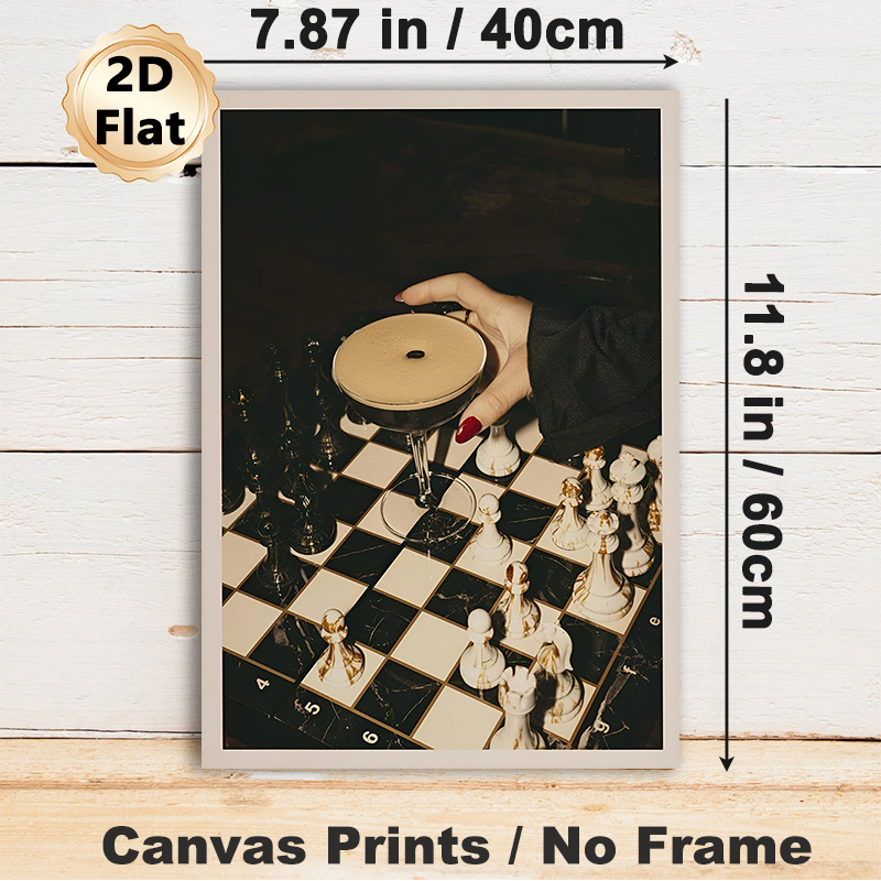 Chess & Cocktail Themed Painting Poster, Vintage Moody Scene Poster, Elegant Atmospheric Decor With Hand Holding Cocktail On Chessboard, Suitable For_maomaolike.com