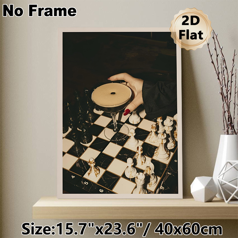 Chess & Cocktail Themed Painting Poster, Vintage Moody Scene Poster, Elegant Atmospheric Decor With Hand Holding Cocktail On Chessboard, Suitable For_maomaolike.com