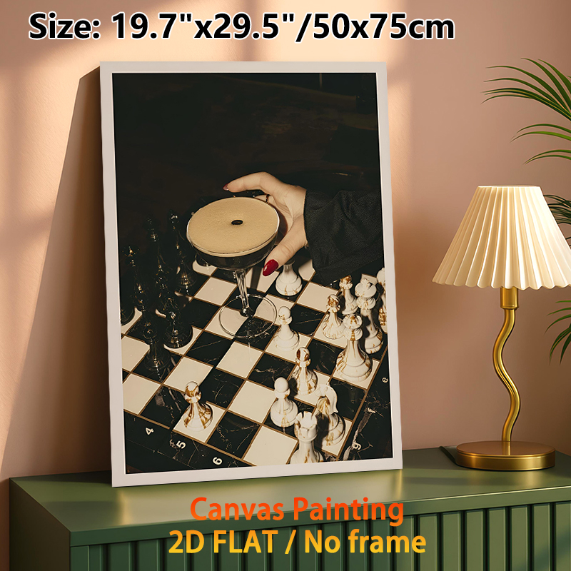Chess & Cocktail Themed Painting Poster, Vintage Moody Scene Poster, Elegant Atmospheric Decor With Hand Holding Cocktail On Chessboard, Suitable For_maomaolike.com