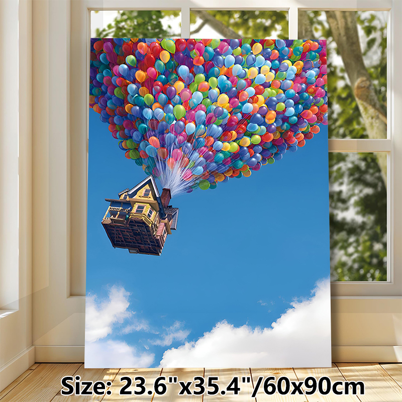 Flying House With Colorful Balloons Painting Poster, Vibrant Whimsical Animated Scene Poster, Uplifting Eye-catching Decor For Living Room, Bedroom_maomaolike.com