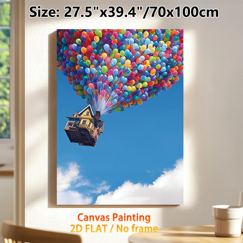 Flying House With Colorful Balloons Painting Poster, Vibrant Whimsical Animated Scene Poster, Uplifting Eye-catching Decor For Living Room, Bedroom_maomaolike.com