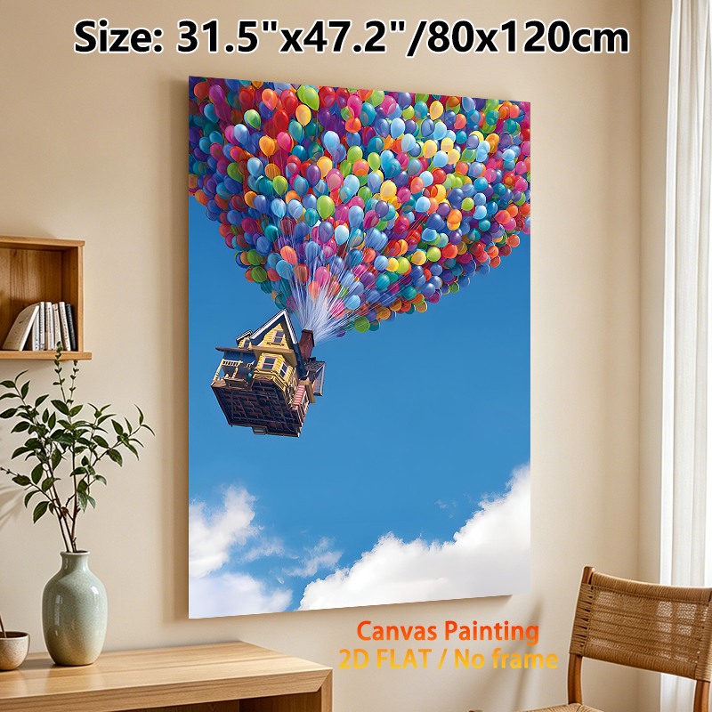 Flying House With Colorful Balloons Painting Poster, Vibrant Whimsical Animated Scene Poster, Uplifting Eye-catching Decor For Living Room, Bedroom_maomaolike.com
