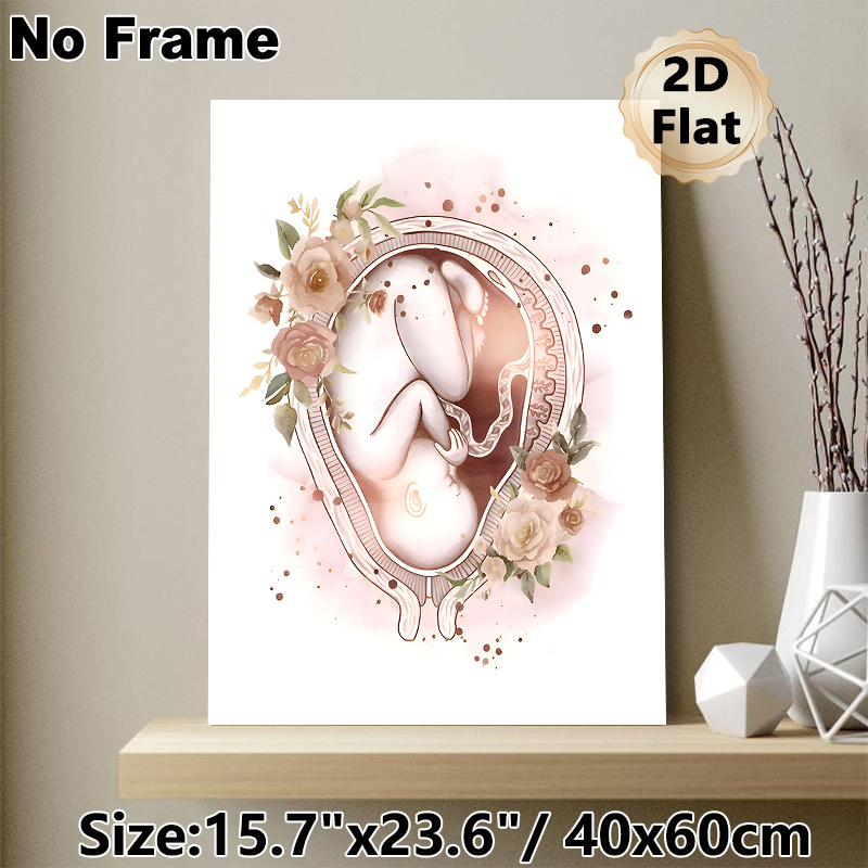 Fetus & Floral Themed Painting Poster, Soft Watercolor Style Delicate Fetus-in-Womb With Muted Roses Poster, Warm Gentle Artwork Ideal For Bedroom_maomaolike.com