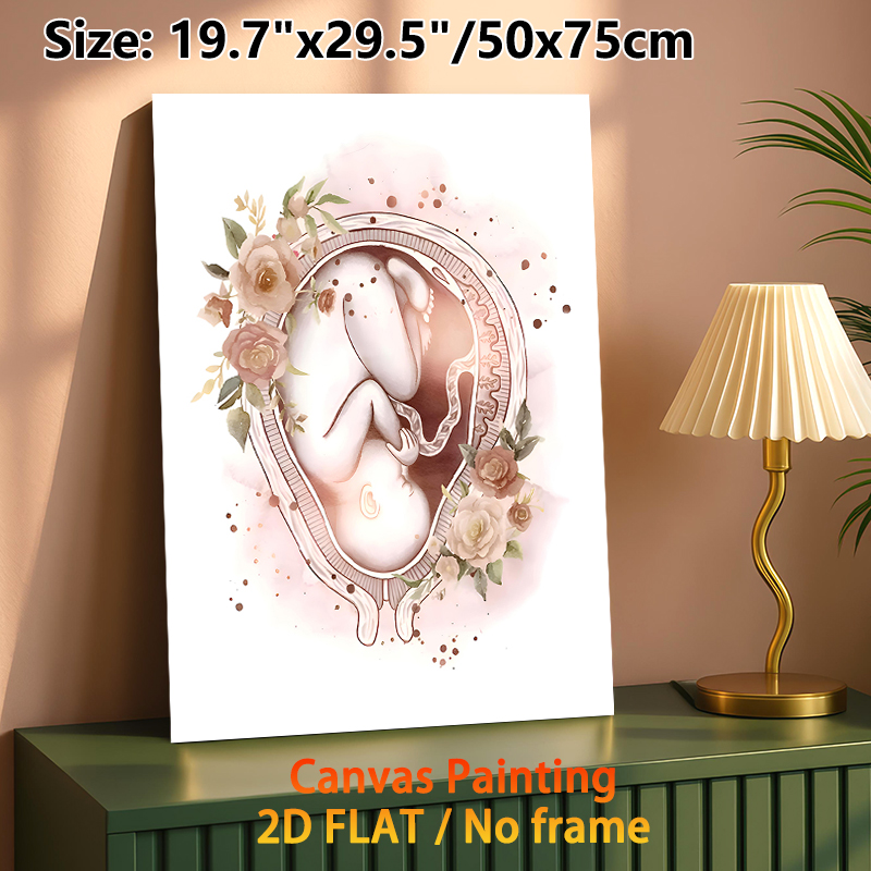 Fetus & Floral Themed Painting Poster, Soft Watercolor Style Delicate Fetus-in-Womb With Muted Roses Poster, Warm Gentle Artwork Ideal For Bedroom_maomaolike.com