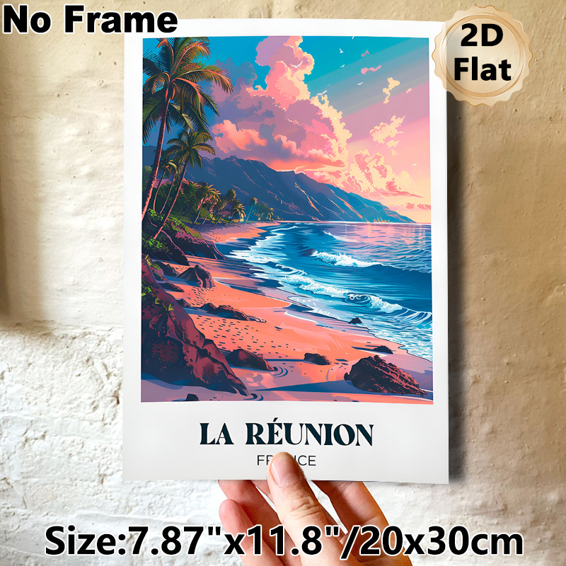 La Reunion Beach Sunset Travel Landscape Painting Poster, Vibrant Retro Tropical Coastal Scene Poster, Brings Serene Tropical Ambiance, Ideal For_maomaolike.com