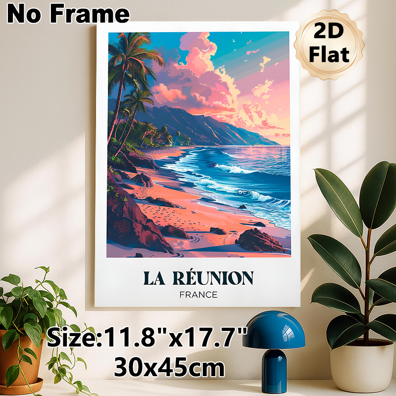 La Reunion Beach Sunset Travel Landscape Painting Poster, Vibrant Retro Tropical Coastal Scene Poster, Brings Serene Tropical Ambiance, Ideal For_maomaolike.com