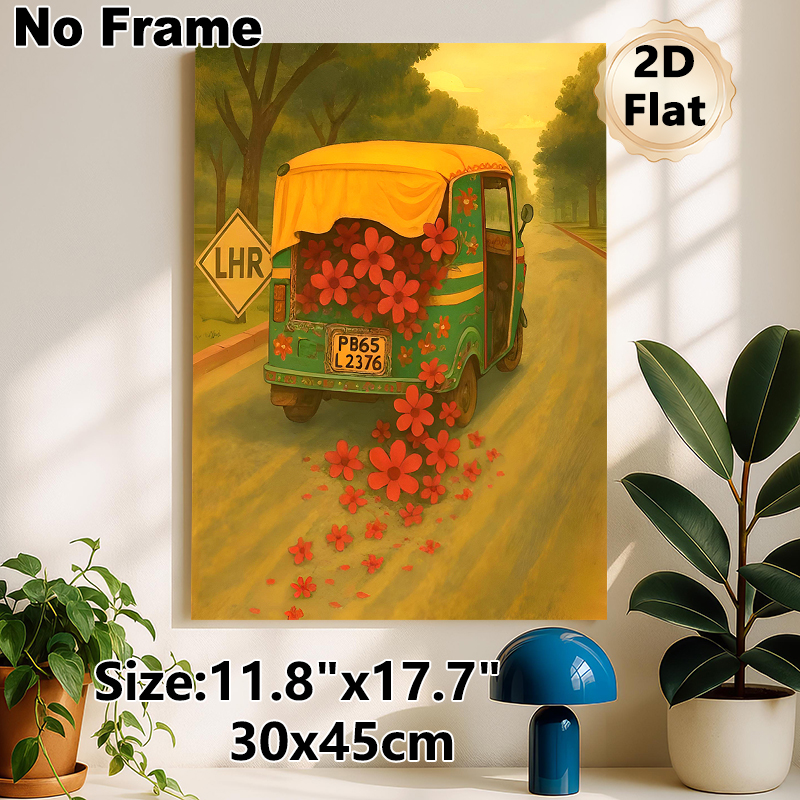 Floral Auto Rickshaw Painting Poster, Warm-hued Whimsical Art Poster, Charming Nostalgic Design Ideal For Living Room, Hallway Wall Decor_maomaolike.com