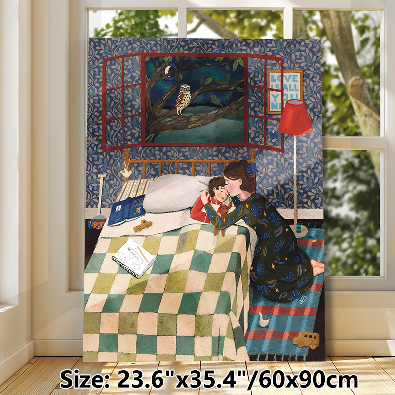 Bedtime Mother And Child Painting Poster, Warm Whimsical Cozy Night Bedroom Scene Poster, Heartwarming Intimate Design Suitable For Bedroom Wall Decor_maomaolike.com