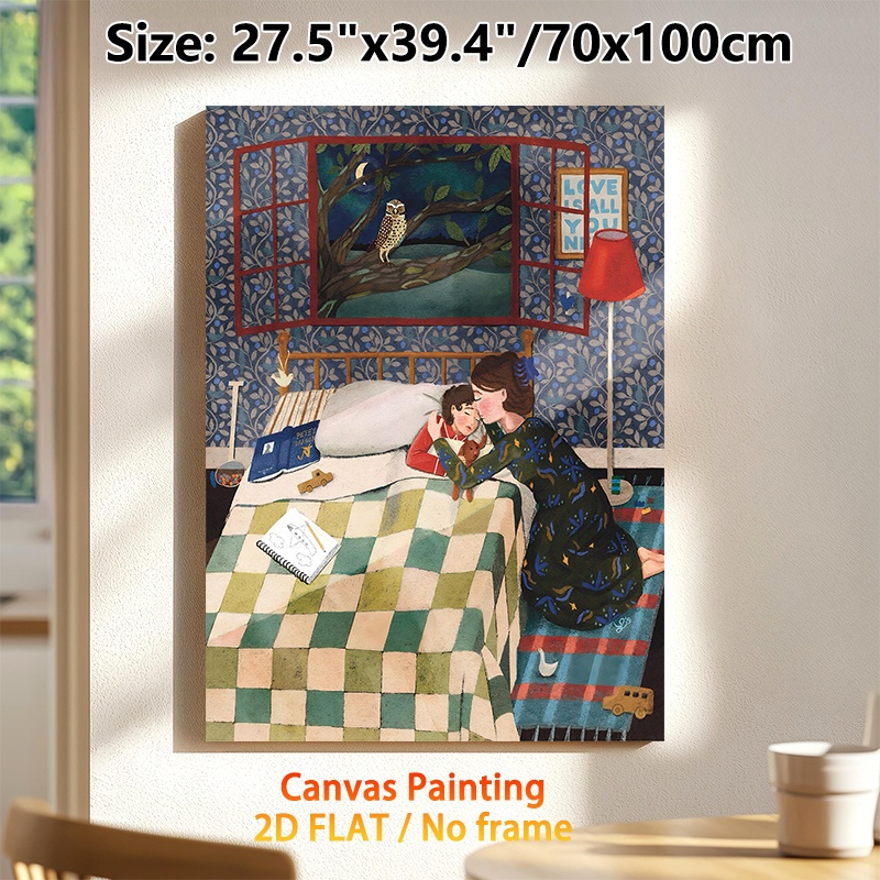 Bedtime Mother And Child Painting Poster, Warm Whimsical Cozy Night Bedroom Scene Poster, Heartwarming Intimate Design Suitable For Bedroom Wall Decor_maomaolike.com