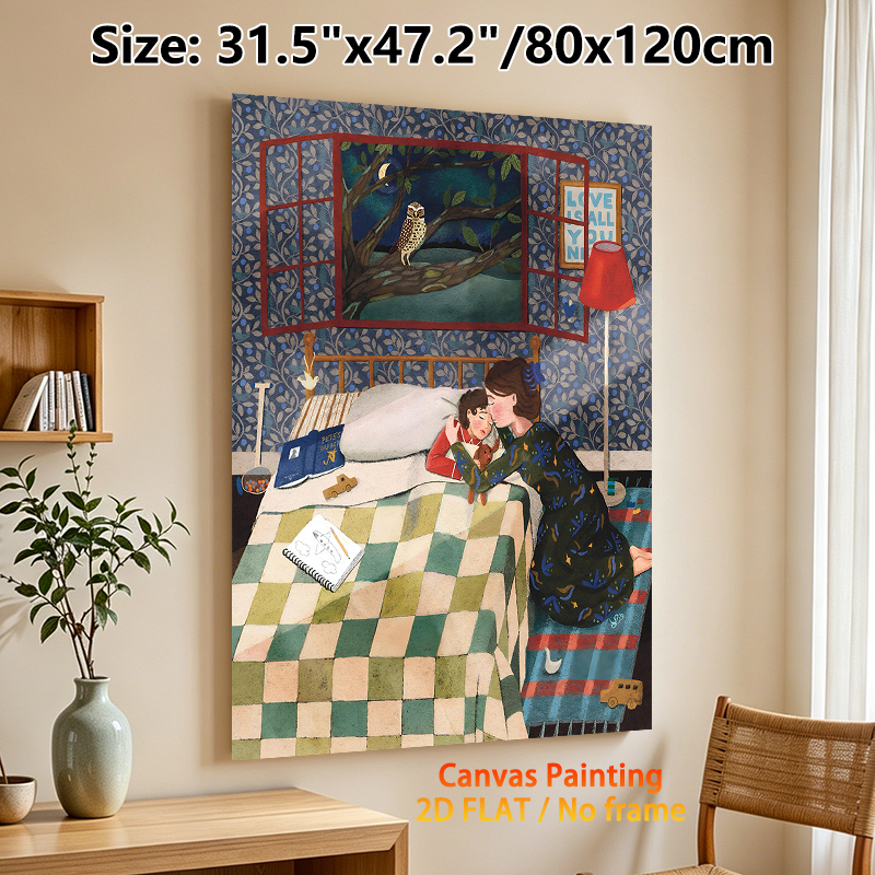 Bedtime Mother And Child Painting Poster, Warm Whimsical Cozy Night Bedroom Scene Poster, Heartwarming Intimate Design Suitable For Bedroom Wall Decor_maomaolike.com