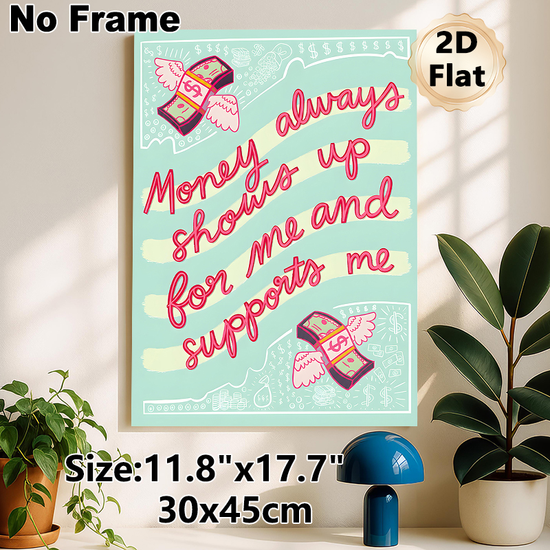 Money Affirmation Painting Poster, Vibrant Playful Graphic Poster, Inspirational Money-themed Quote With Winged Cash Illustrations, Ideal For Home_maomaolike.com