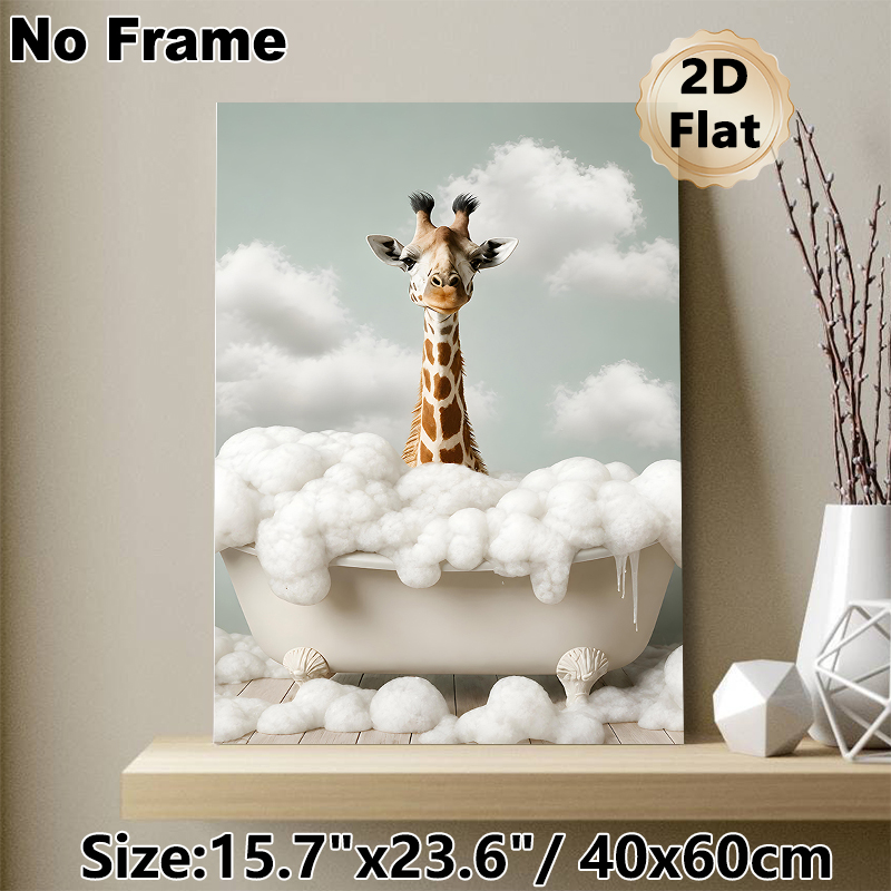 Giraffe In Bathtub Painting Poster, Whimsical Playful Giraffe With Foam Bath Scene Poster, Lighthearted Decorative Accent For Bathroom, Living Room_maomaolike.com