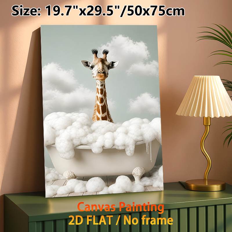 Giraffe In Bathtub Painting Poster, Whimsical Playful Giraffe With Foam Bath Scene Poster, Lighthearted Decorative Accent For Bathroom, Living Room_maomaolike.com