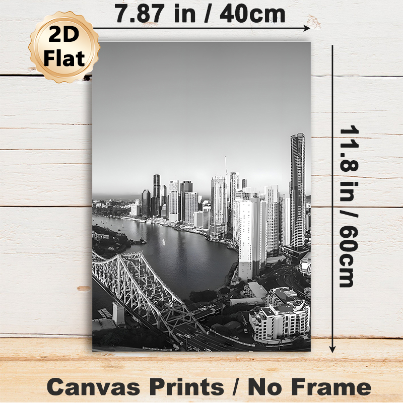 Urban Riverfront Skyline Painting Poster, Monochrome Minimalist Cityscape With Bridge & Skyscrapers Poster, Sleek Urban Wall Decor Suitable For Living_maomaolike.com