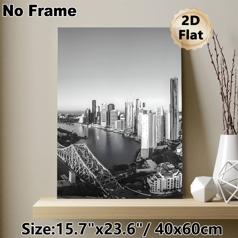 Urban Riverfront Skyline Painting Poster, Monochrome Minimalist Cityscape With Bridge & Skyscrapers Poster, Sleek Urban Wall Decor Suitable For Living_maomaolike.com