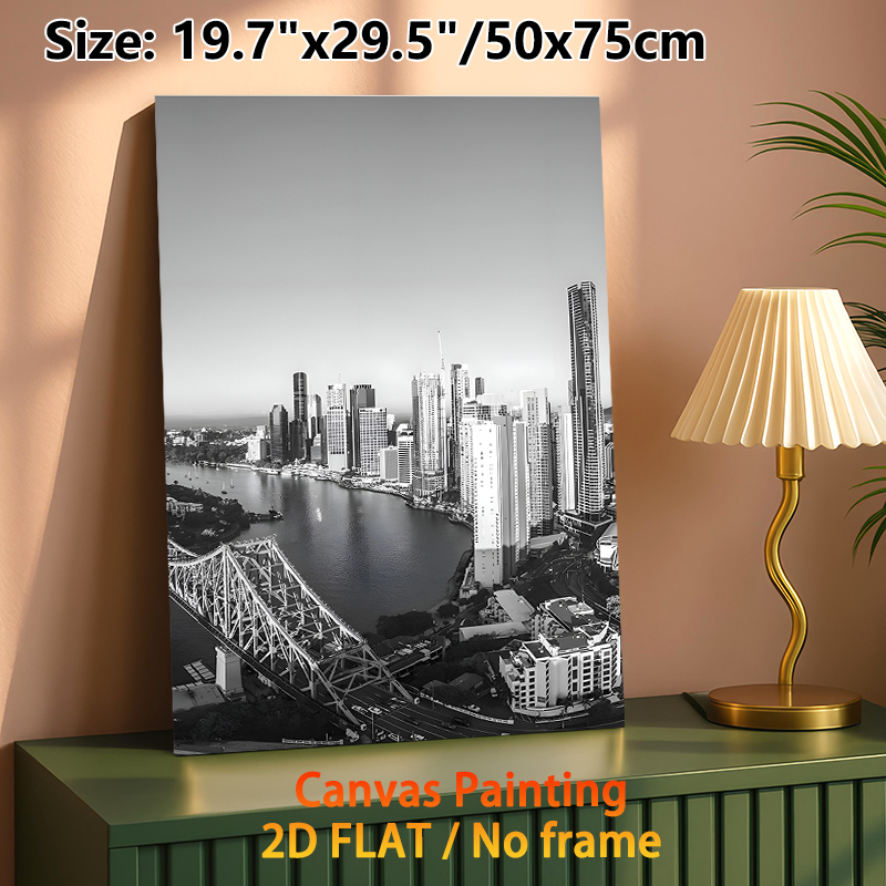 Urban Riverfront Skyline Painting Poster, Monochrome Minimalist Cityscape With Bridge & Skyscrapers Poster, Sleek Urban Wall Decor Suitable For Living_maomaolike.com