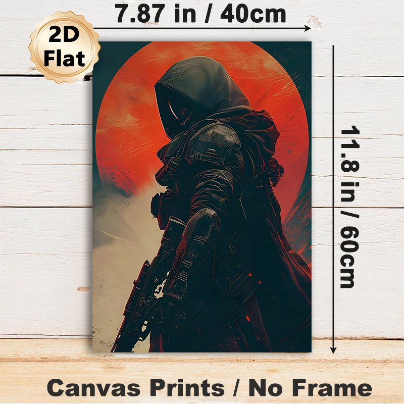 Cyberpunk Hooded Warrior Painting Poster, Dark Moody Textured Cyberpunk Poster, Striking Armored Figure With Weapon Against Fiery Red Circle, Ideal_maomaolike.com