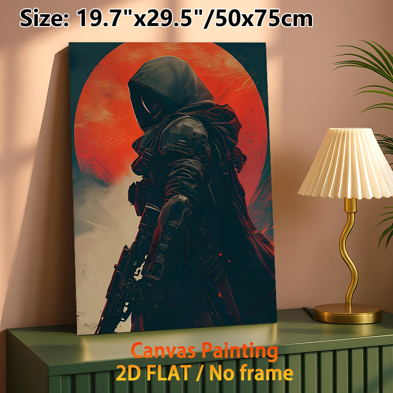 Cyberpunk Hooded Warrior Painting Poster, Dark Moody Textured Cyberpunk Poster, Striking Armored Figure With Weapon Against Fiery Red Circle, Ideal_maomaolike.com