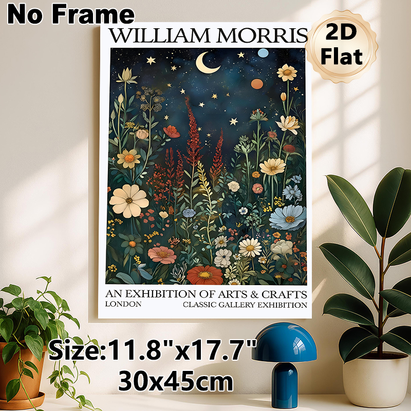 William Morris Night Wildflower Painting Poster, Vintage Arts & Crafts Style Celestial Floral Poster, Timeless Artistic Decor Ideal For Living Room_maomaolike.com