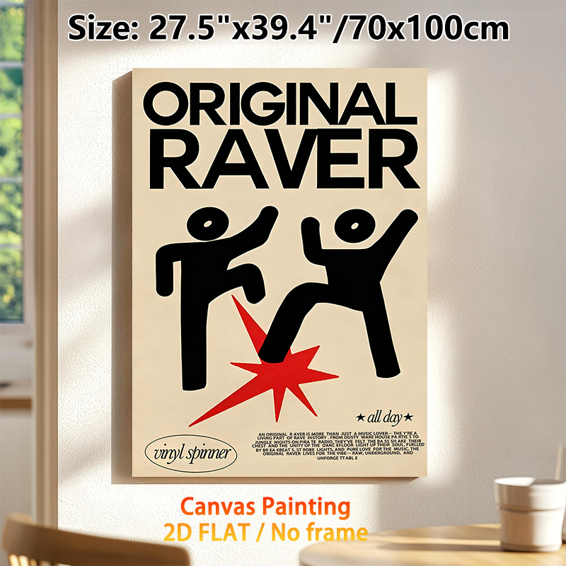 Original Raver Painting Poster, Bold Minimalist Graphic Poster, Retro Rave Culture Design With Dancing Figures, Ideal For Bedroom, Music Studio And_maomaolike.com