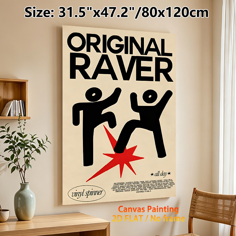 Original Raver Painting Poster, Bold Minimalist Graphic Poster, Retro Rave Culture Design With Dancing Figures, Ideal For Bedroom, Music Studio And_maomaolike.com