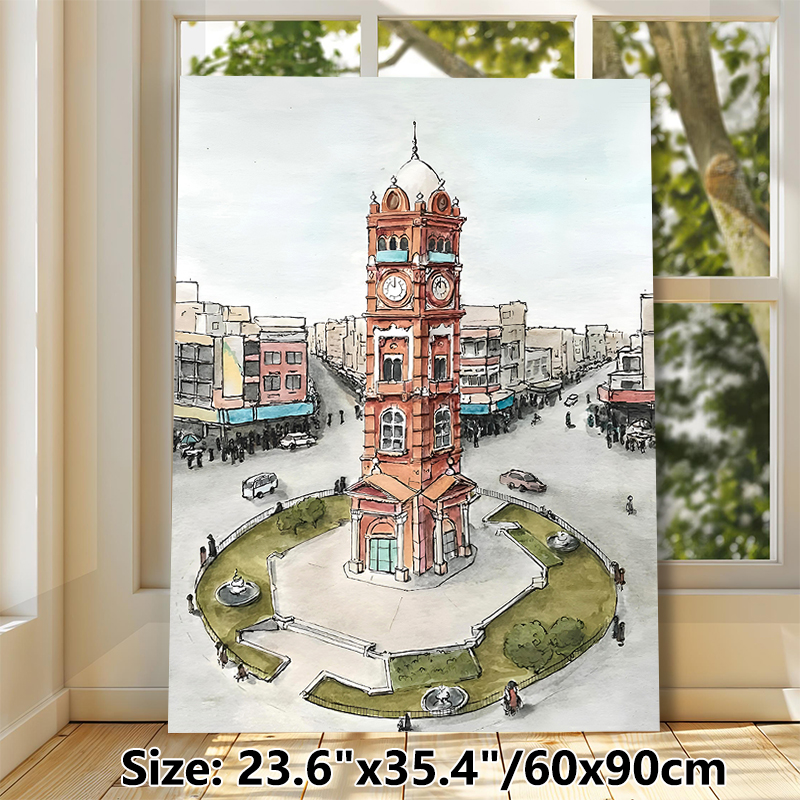 Clock Tower City Square Painting Poster, Soft Watercolor Urban Plaza With Historic Clock Tower Poster, Elegant Cityscape Decor Suitable For Living_maomaolike.com