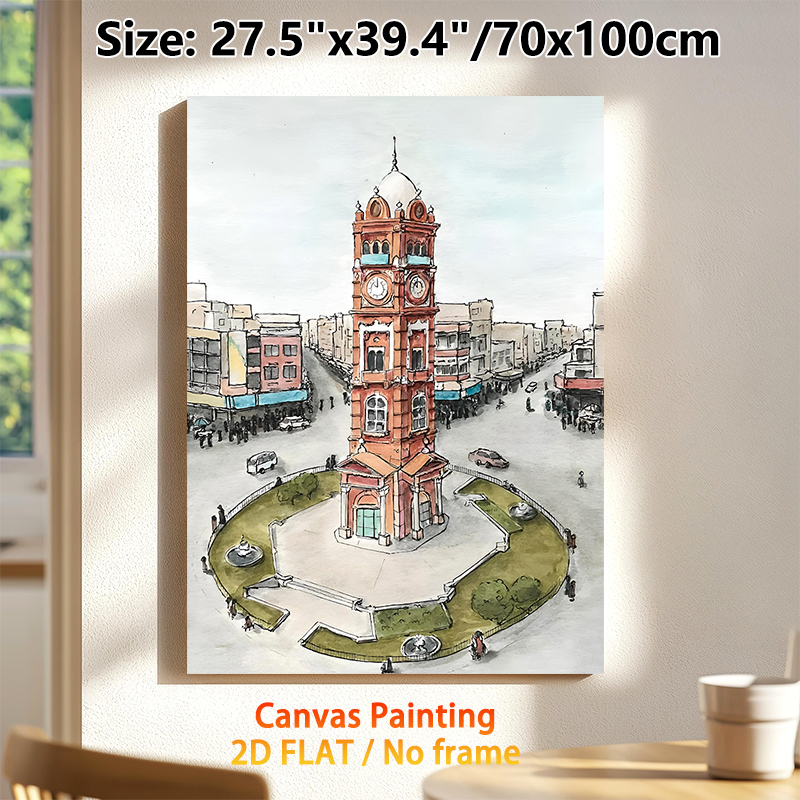 Clock Tower City Square Painting Poster, Soft Watercolor Urban Plaza With Historic Clock Tower Poster, Elegant Cityscape Decor Suitable For Living_maomaolike.com