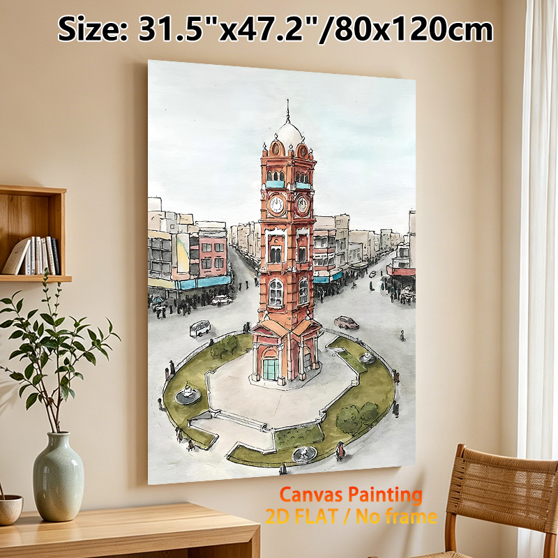 Clock Tower City Square Painting Poster, Soft Watercolor Urban Plaza With Historic Clock Tower Poster, Elegant Cityscape Decor Suitable For Living_maomaolike.com
