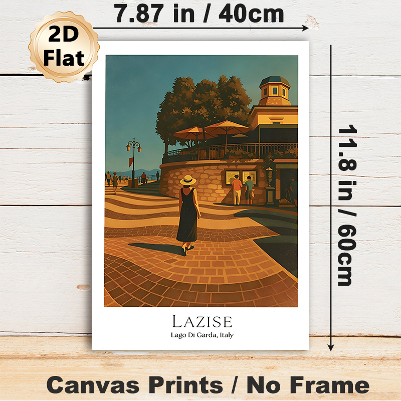 Lazise Italy Coastal Town Painting Poster, Warm-toned Retro Illustrative Poster, Sunlit Waterfront Promenade Scene, Brings Tranquil Ambiance Suitable_maomaolike.com