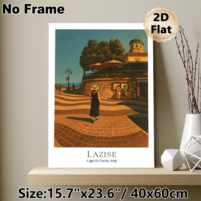 Lazise Italy Coastal Town Painting Poster, Warm-toned Retro Illustrative Poster, Sunlit Waterfront Promenade Scene, Brings Tranquil Ambiance Suitable_maomaolike.com
