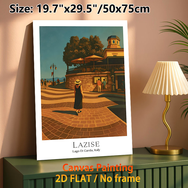 Lazise Italy Coastal Town Painting Poster, Warm-toned Retro Illustrative Poster, Sunlit Waterfront Promenade Scene, Brings Tranquil Ambiance Suitable_maomaolike.com