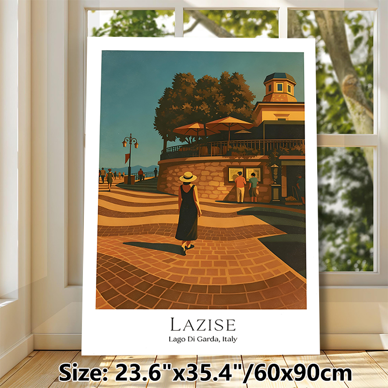Lazise Italy Coastal Town Painting Poster, Warm-toned Retro Illustrative Poster, Sunlit Waterfront Promenade Scene, Brings Tranquil Ambiance Suitable_maomaolike.com