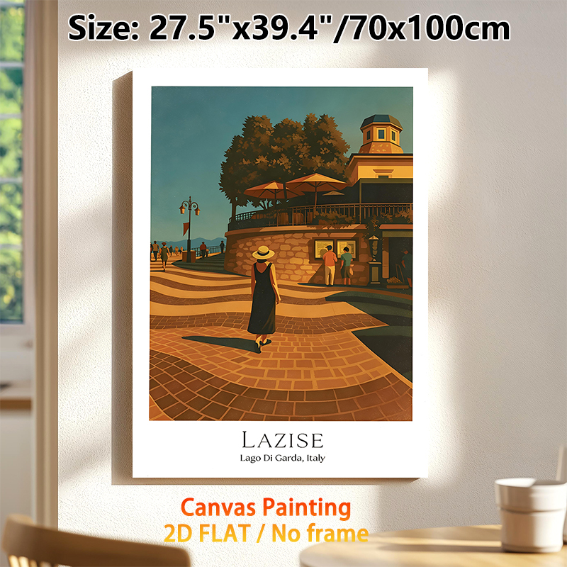 Lazise Italy Coastal Town Painting Poster, Warm-toned Retro Illustrative Poster, Sunlit Waterfront Promenade Scene, Brings Tranquil Ambiance Suitable_maomaolike.com