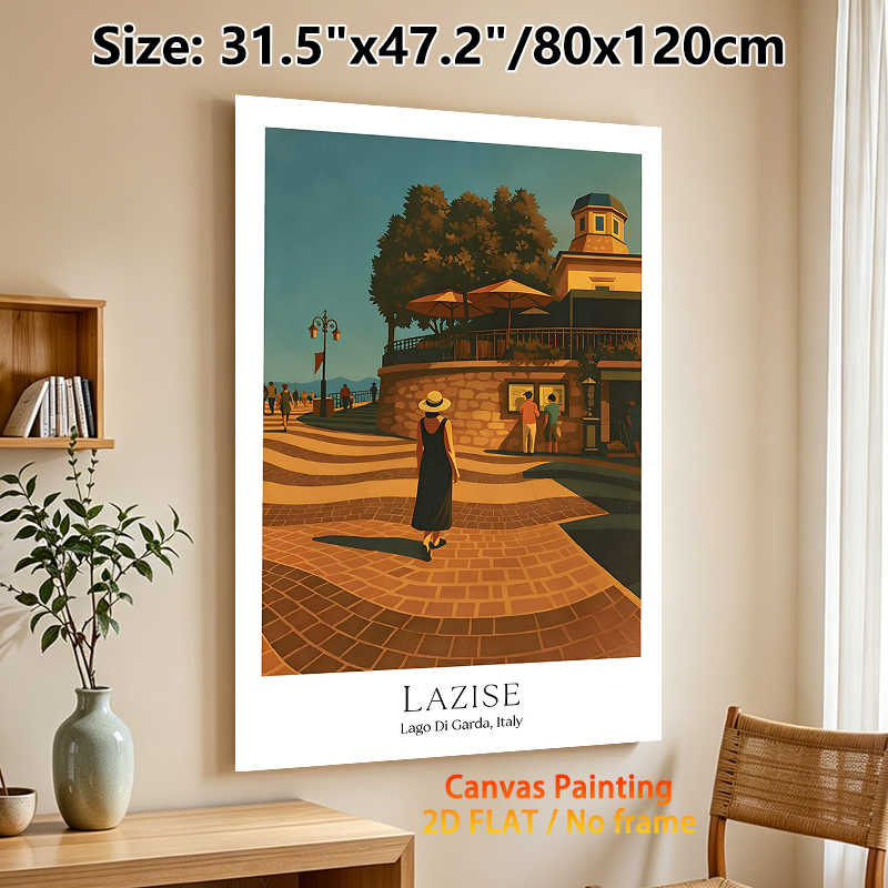 Lazise Italy Coastal Town Painting Poster, Warm-toned Retro Illustrative Poster, Sunlit Waterfront Promenade Scene, Brings Tranquil Ambiance Suitable_maomaolike.com