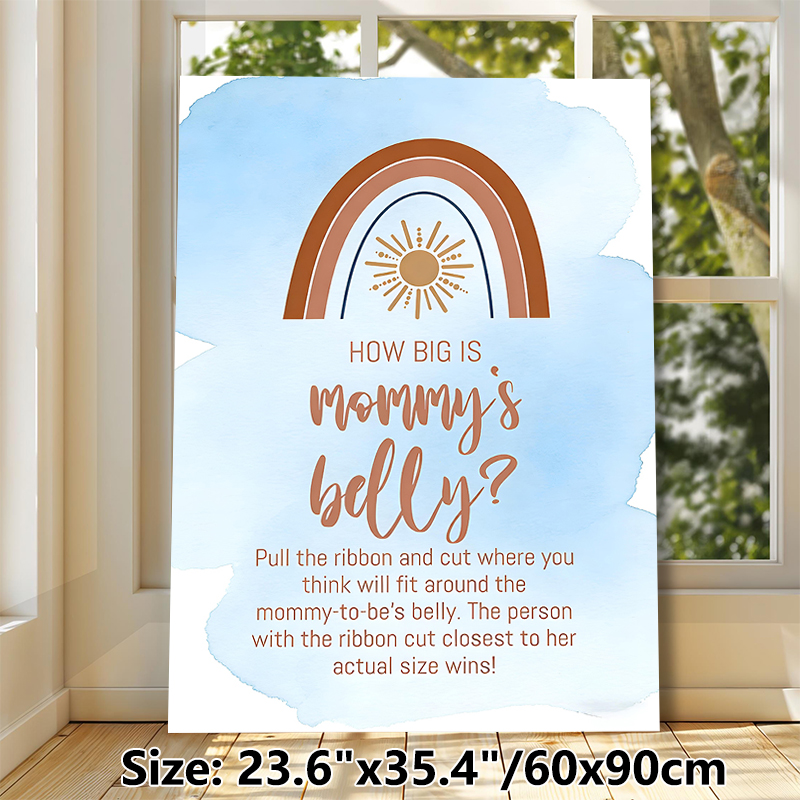 Baby Shower "How Big Is Mommy's Belly" Painting Poster, Soft Watercolor Bohemian Rainbow & Sun Poster, Interactive Party Game Decor For Baby Shower_maomaolike.com