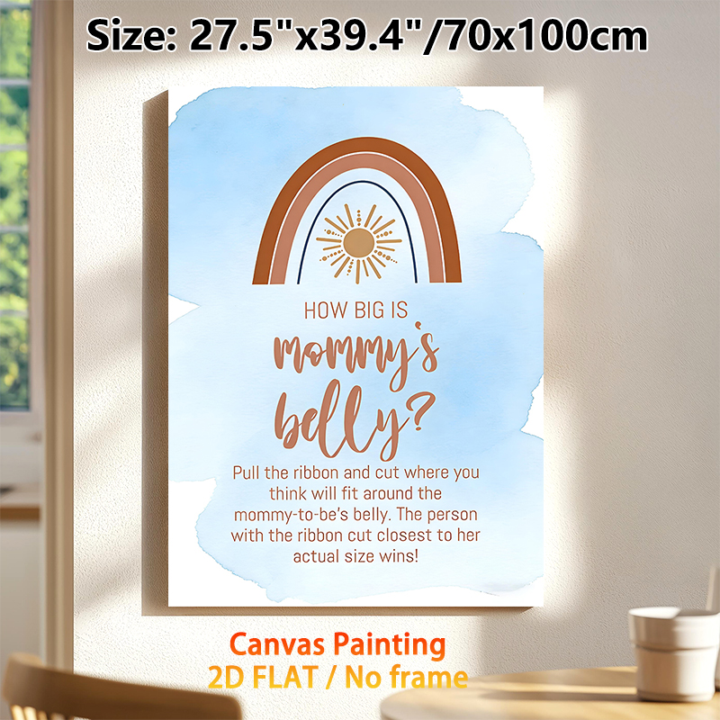 Baby Shower "How Big Is Mommy's Belly" Painting Poster, Soft Watercolor Bohemian Rainbow & Sun Poster, Interactive Party Game Decor For Baby Shower_maomaolike.com
