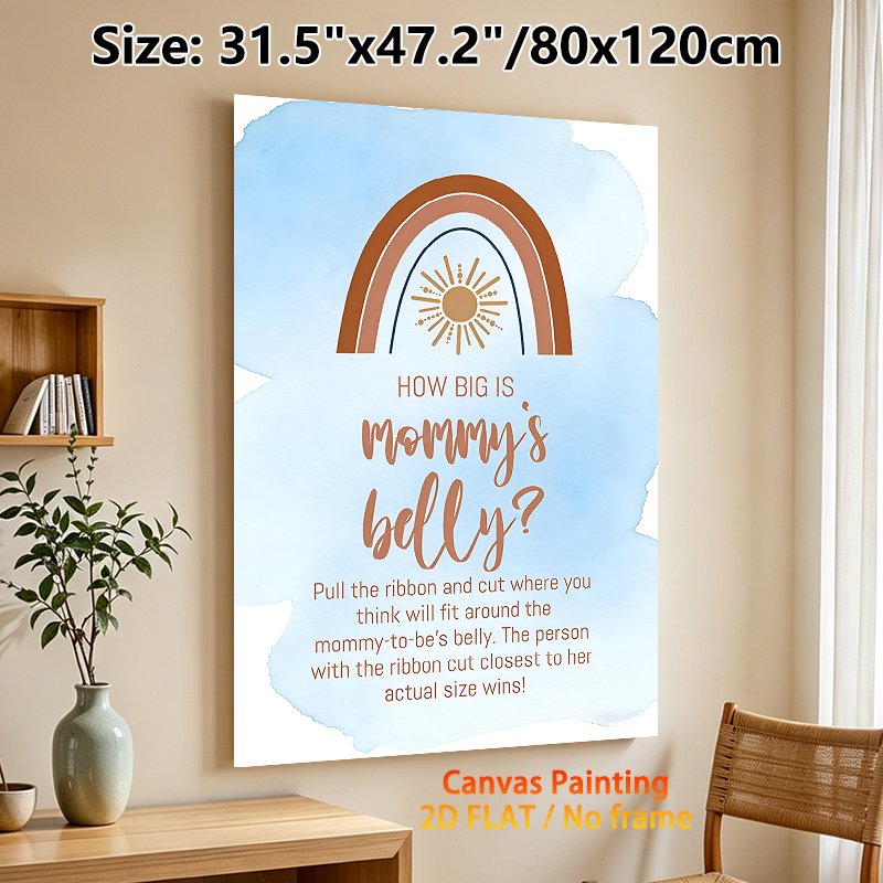 Baby Shower "How Big Is Mommy's Belly" Painting Poster, Soft Watercolor Bohemian Rainbow & Sun Poster, Interactive Party Game Decor For Baby Shower_maomaolike.com