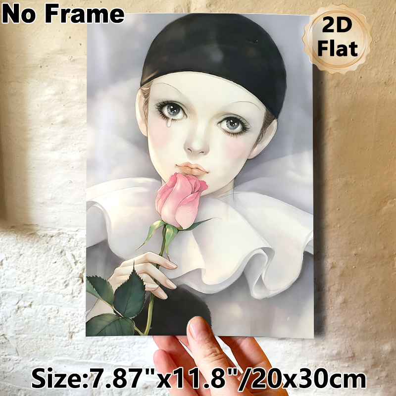 Pierrot-style Lady With Rose Painting Poster, Soft-toned Artistic Portrait Poster, Poignant Emotional Artwork Ideal For Bedroom And Living Room Wall_maomaolike.com