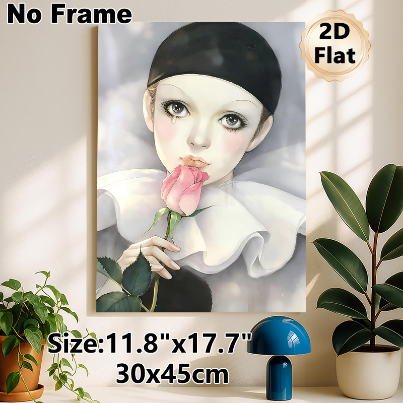 Pierrot-style Lady With Rose Painting Poster, Soft-toned Artistic Portrait Poster, Poignant Emotional Artwork Ideal For Bedroom And Living Room Wall_maomaolike.com