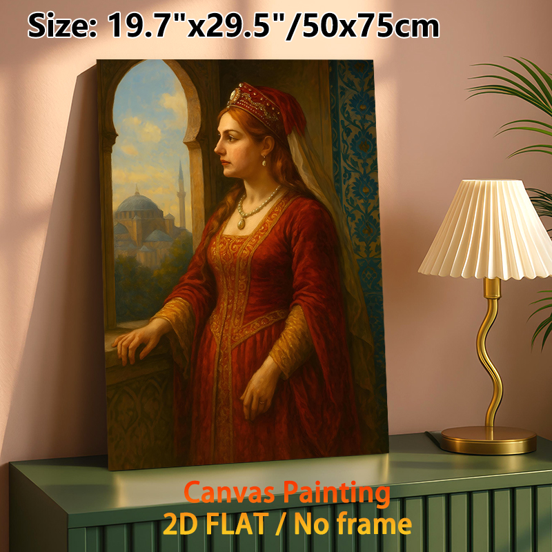 Vintage Noble Lady Painting Poster, Exquisite Classic Oil Style Poster, Elegant Lady In Ornate Red Gown With Domed Building View, Refined Wall Decor_maomaolike.com