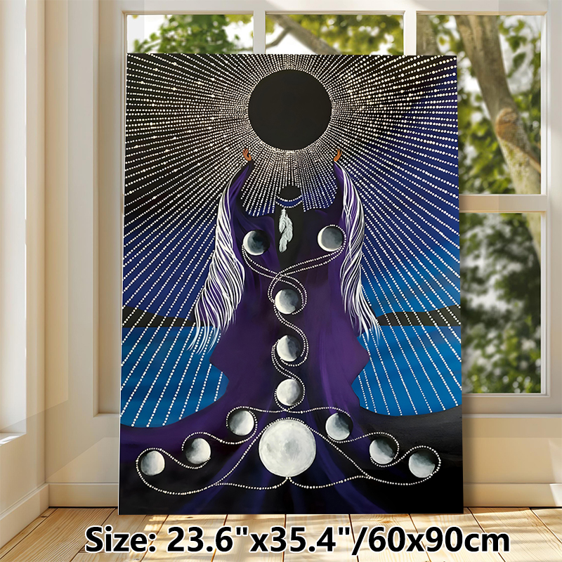 Moon Phase Goddess Painting Poster, Mystical Spiritual Style Poster, Dark Robed Figure With Moon Phase Cycle & Dotted Radiant Details_maomaolike.com