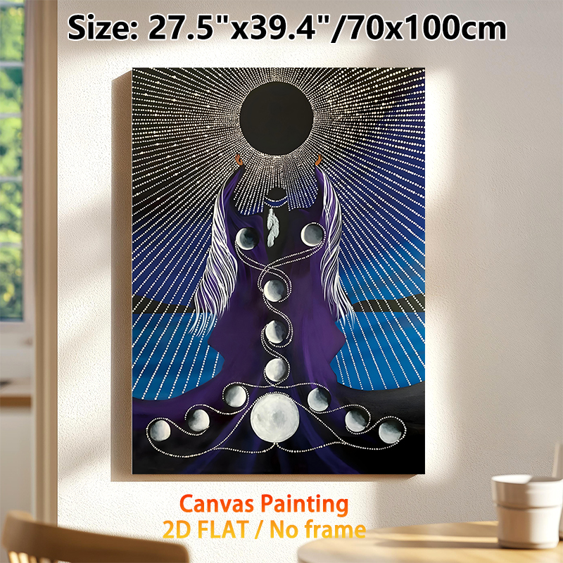 Moon Phase Goddess Painting Poster, Mystical Spiritual Style Poster, Dark Robed Figure With Moon Phase Cycle & Dotted Radiant Details_maomaolike.com