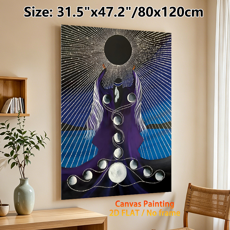 Moon Phase Goddess Painting Poster, Mystical Spiritual Style Poster, Dark Robed Figure With Moon Phase Cycle & Dotted Radiant Details_maomaolike.com